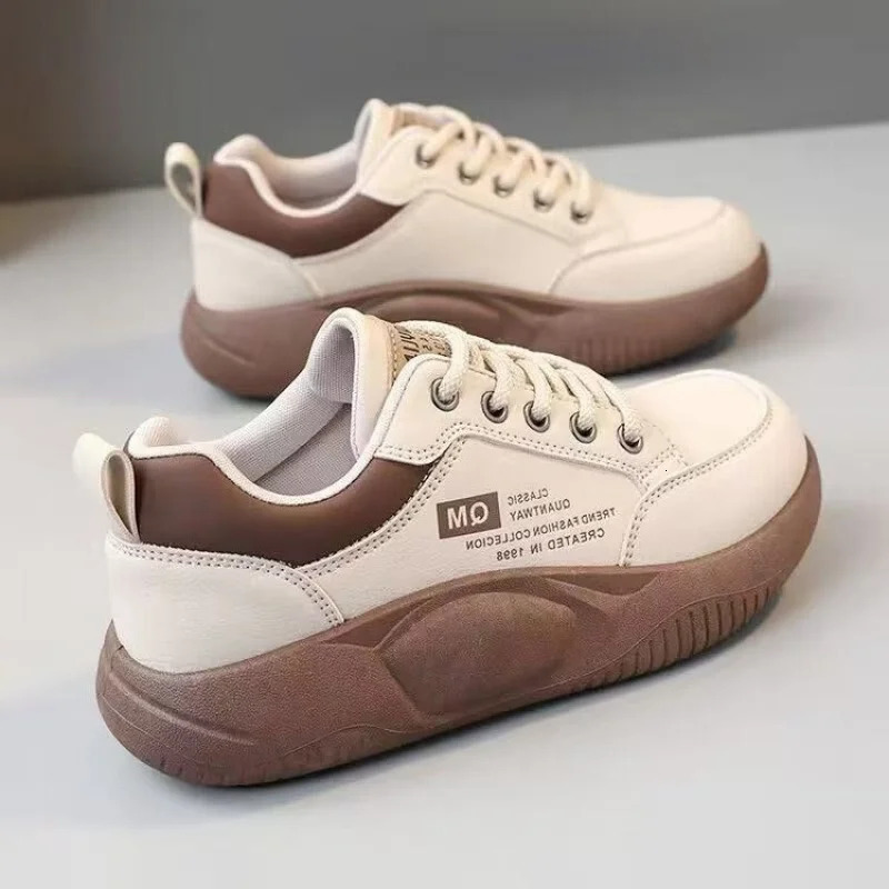 Women's Fashion Color Block Platform Sneakers Spring Breathable Leather Lace-Up Casual Shoes Suitable for Walking and Travel 261019