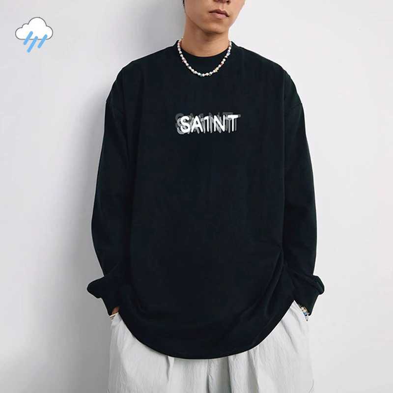 2025 Classic Simple Overlapping Letters Print Saint T Shirt Men Women 100% Cotton Loose Long Sleeve T-Shirt Black Tee Tops T261019
