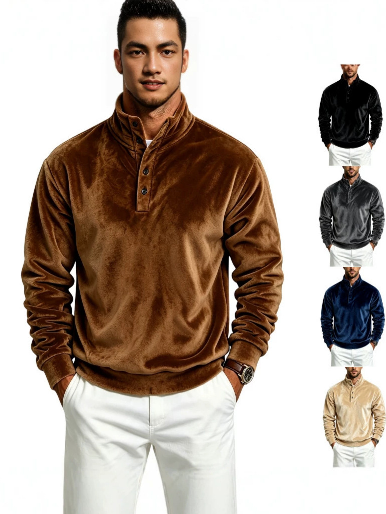 Men's double-sided flannel stand-up collar half-button sweatshirt, thickened for warmth in autumn and winter, casual fleece-lined pullover
