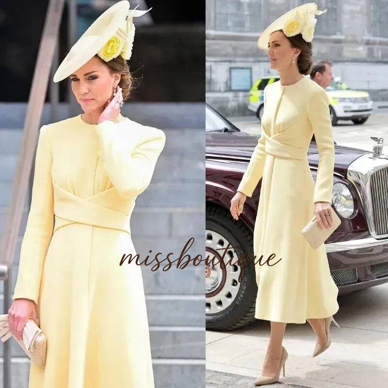 Elegant Light Yellow Tea Length Evening Dresses Kate Middleton Formal Dress Long Sleeves A Line Celebrity Birthday Party Gown Special Occasion Wear