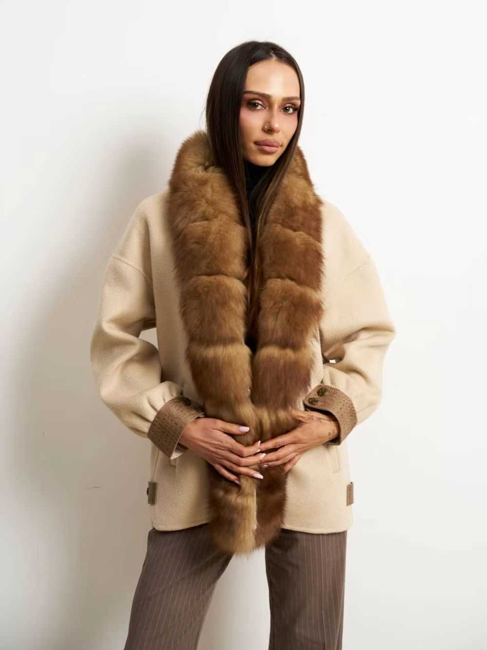 2026 Laur Women Wool Blend Jacket Big Fur Collar Loose Oversize Coat Crocodile PU Cuff Warm Winter Outerwear S2610160B2D