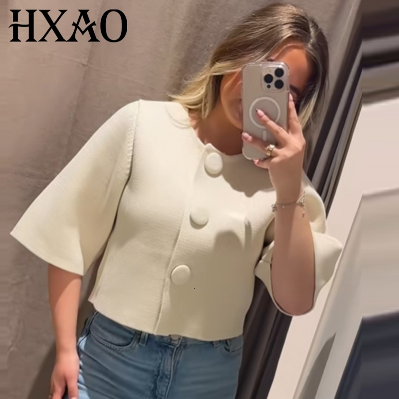 HXAO Women's Cropped Knit Cardigan Summer 2026 Elegant Off White Button ONeck Short Sleeve Tops For Woman Resort Bolero Sweater y260929