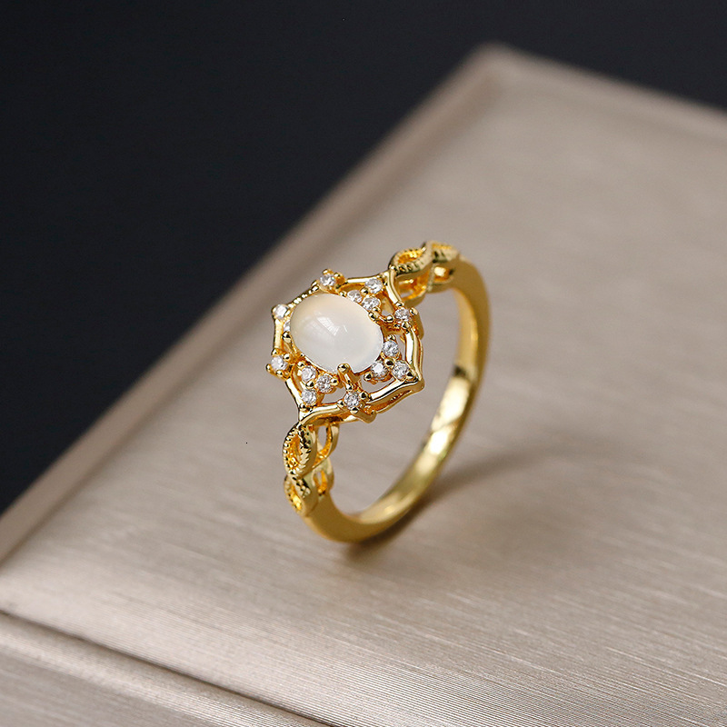 Tai Silver Oval Moonstone Hollow Ring High-Carbon Diamond, Light Luxury, Niche Design with a Vintage and Elegant Style for Women
