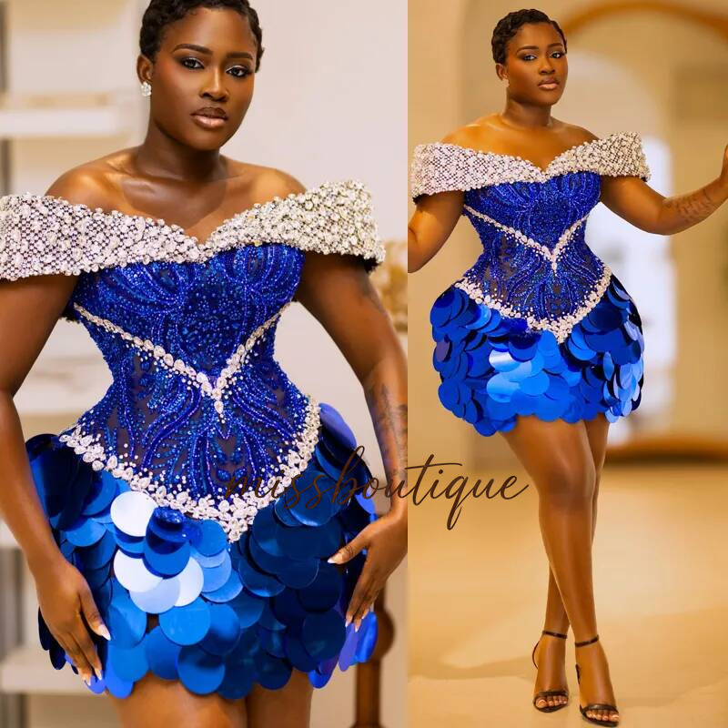 Plus Size Royal Blue Cocktail For Women Short Prom Dresses Illusion Off Shoulder Homecoming Crystal Pearls Pleated Beaded Lace Birthday Dress C560 Q