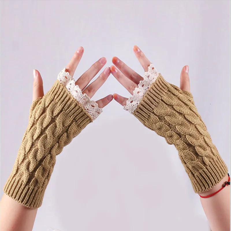 Lace Cuffs Women Short Sleeve Wool Gloves Pretty Arm Warmers Winter Women Warm Korean Style Lace Cuff Knitted Half-Finger Gloves261019