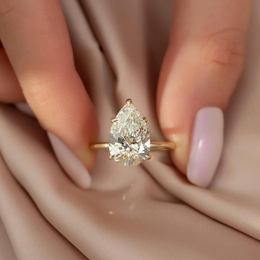 Custom 14k 18k Yellow Rose Gold Moissanite Diamond Wedding Rings 7x11mm 3ct Pear with Classic Five Claws Fine Jewelry