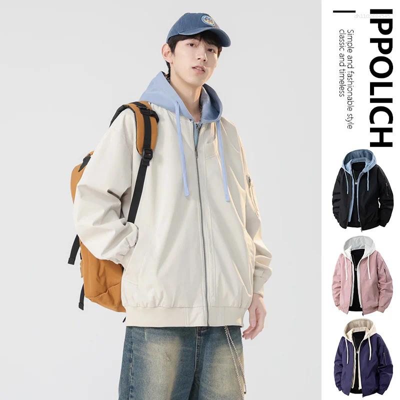 Men Hooded Jacket Waterproof Autumn Pilot Fashion Hip-Hop Vintage Baseball Coat Casual Loose Outerwear Spring