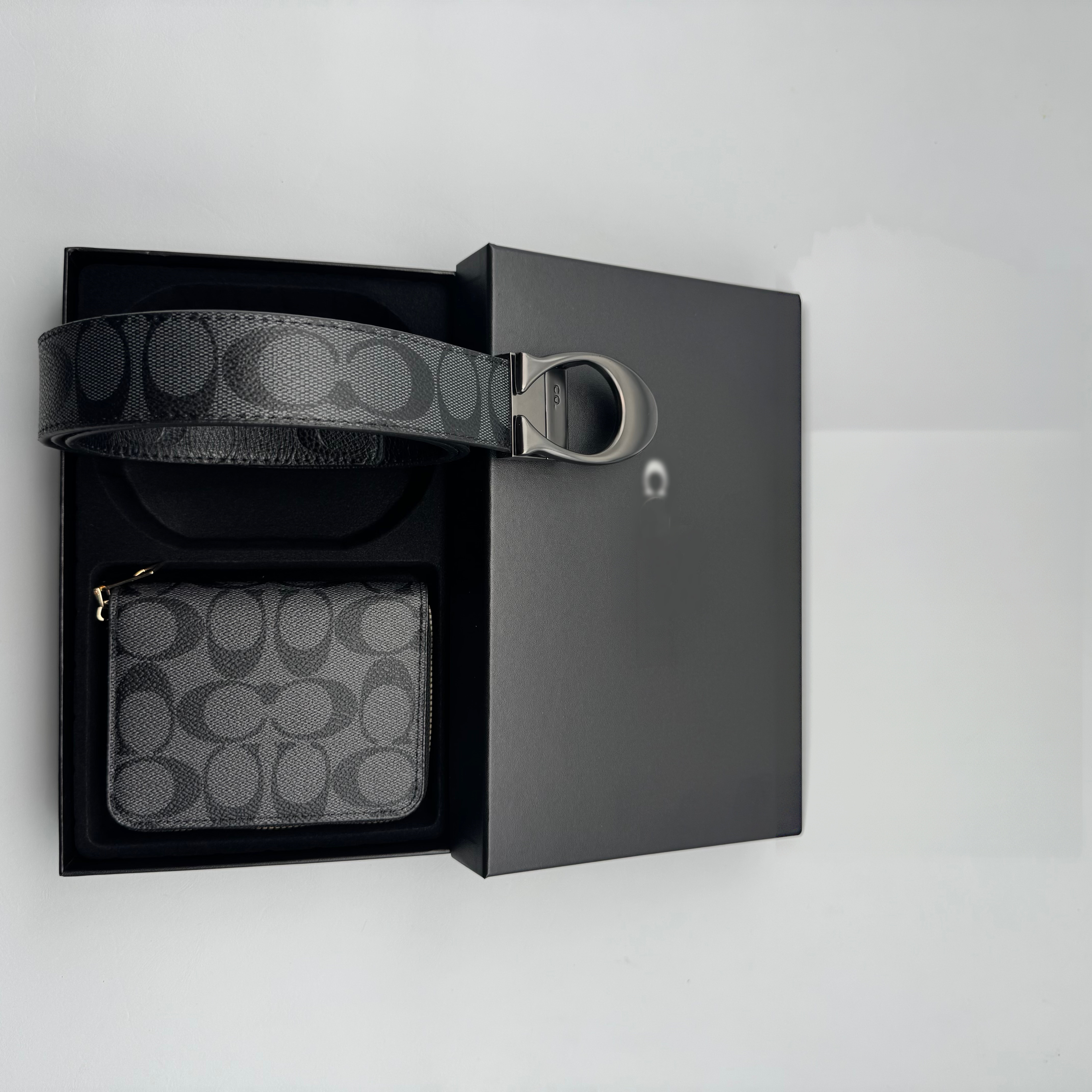 Luxury Men's Belt & Wallet Gift Box Set, Classic Signature Print PU Leather Belt with Alloy Buckle, Matching Card Holder Purse, Stylish Busines