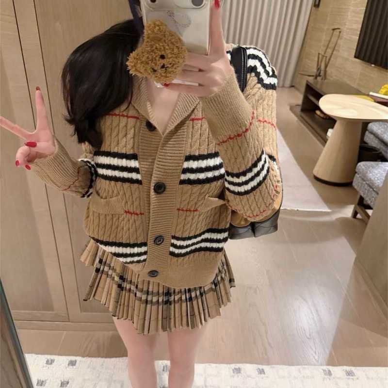 Two Piece Dress Designer Striped Knit Cardigan And Pleated Skirt Set, Women's Autumn Collection, Preppy Style Sweater And Plaid Midi Skirt, Two