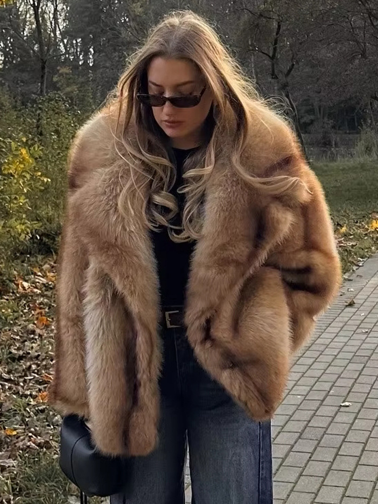 Big Fur Collar Warm Coat Faux Fur Jacket New Autumn Winter Fox For Women, Mid-Length Warm Furry Coat, European And American Fashion Faux Fur Coat