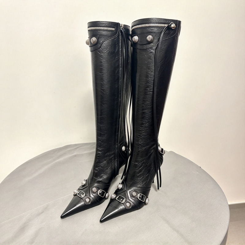 Cagole lambskin leather knee-high boots stud buckle embellished side zip shoes pointed Toe stiletto heel tall boot luxury designers shoe for women f