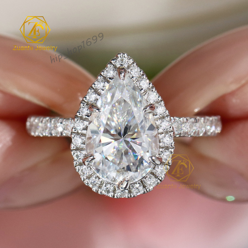 Classic 1CT 2CT 3CT Pear Cut Moissanite Halo Ring Custom Fine Jewelry 14K 18K Pass Diamond Tester D VVS Party Pave Setting Ring