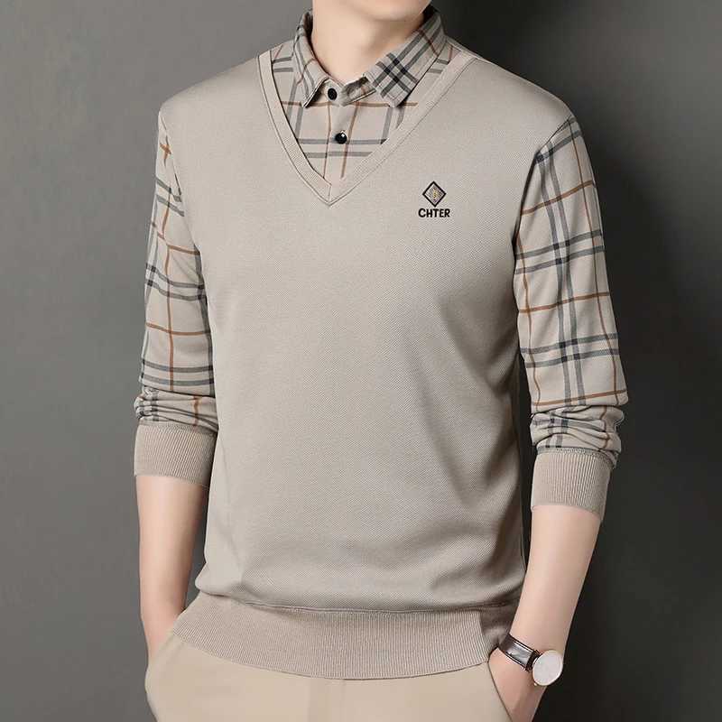 Business Winter Men's Velvet Sweater Pullover Neck Sweaters Fake 2 Piece Fashion Korean Business Causal Pullovers M261016