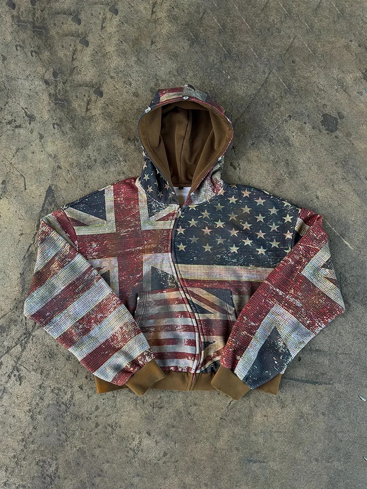 European and American Style Retro Flag Splicing Hoodie Printed Loose Zipper Sweatshirt Street Trend Fashion Personality Autumn 261014