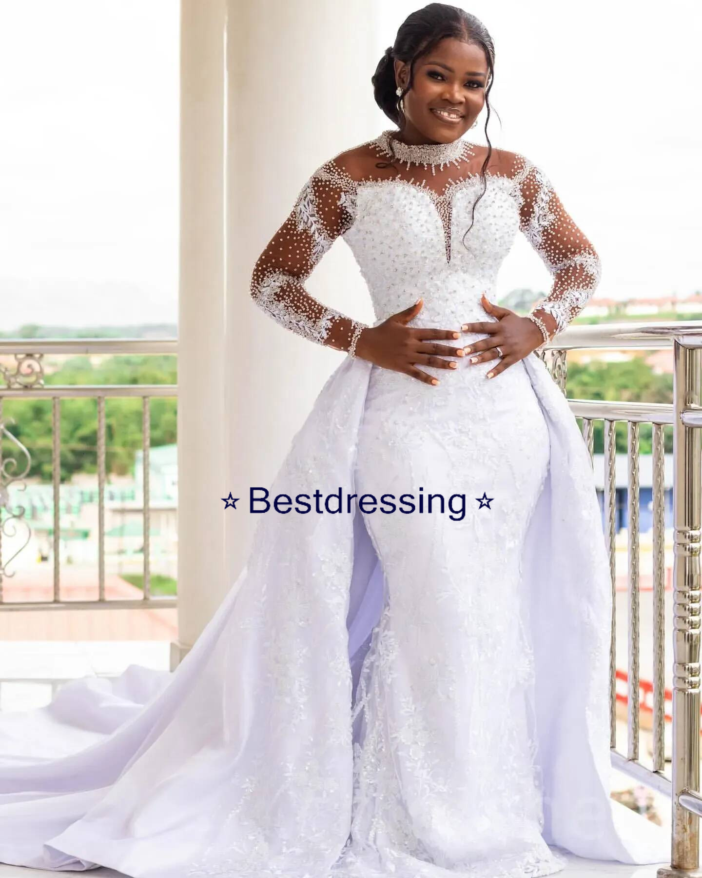 Ivory Mermaid Wedding Dresses Plus Size Full Sleeves Lace Beaded Detachable Train Bridal Gowns Dress Vestidos De Novia Bd019