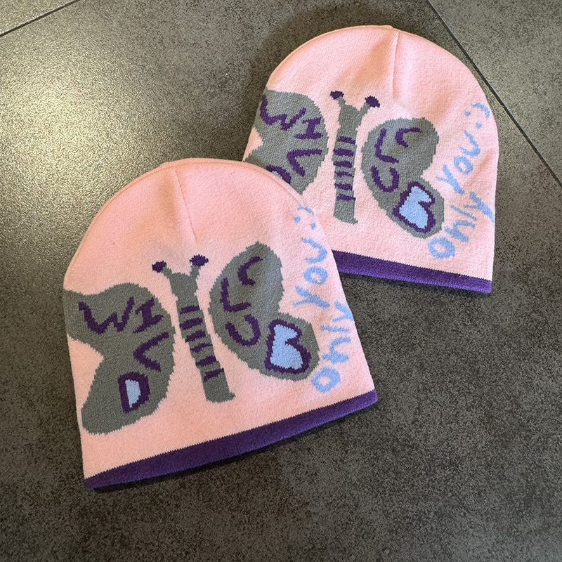 Luxury Cap Brand Designer Hat Luxury Cap Brand Designer Hat Japanese-Style, Instagram-Worthy, Pink Butterfly-Patterned Knitted Beanie Hat, New Autum