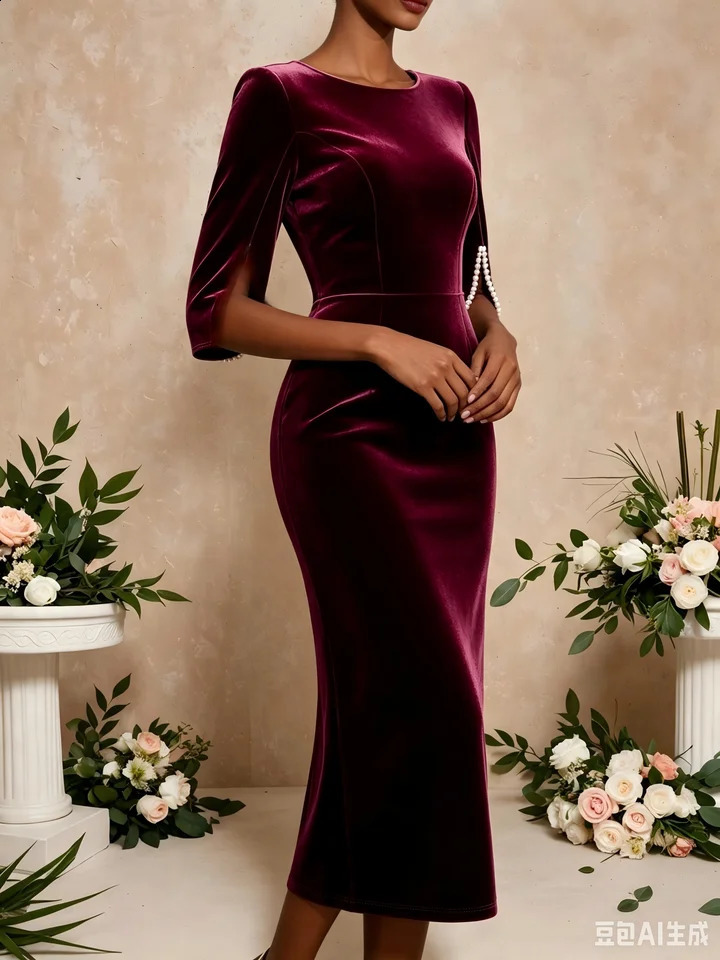 Women Burgundy Velvet Midi Dress Round Neck Pearl Split 3/4 Sleeve Bodycon Pencil Dress Elegant Wedding Guest Evening Party Formal Dresses 261015