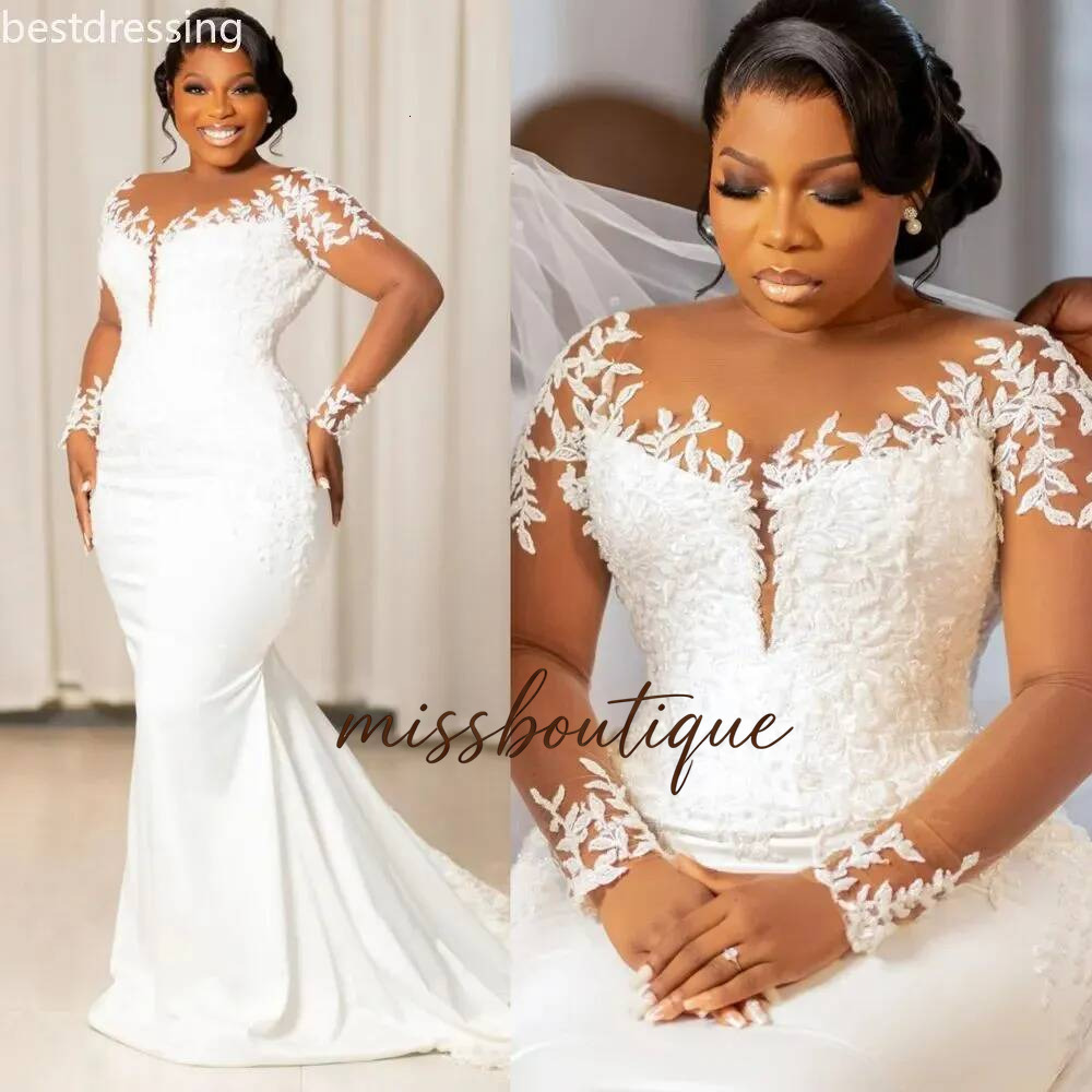 Elegant African White Satin Mermaid Dresses With Illusion Long Sleeves Lace Appliques Chapel Train Gorgeous Bridal Gown Plus Size Wedding Gowns 2025