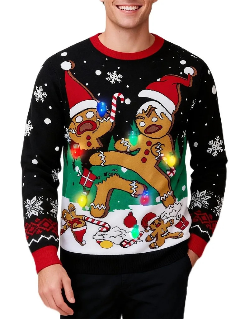 Ugly Christmas Sweater For Men 3d Print Light Up Santa Claus Funny Xmas Pullover Sweatshirt Gingerbread Man Jumper 261019