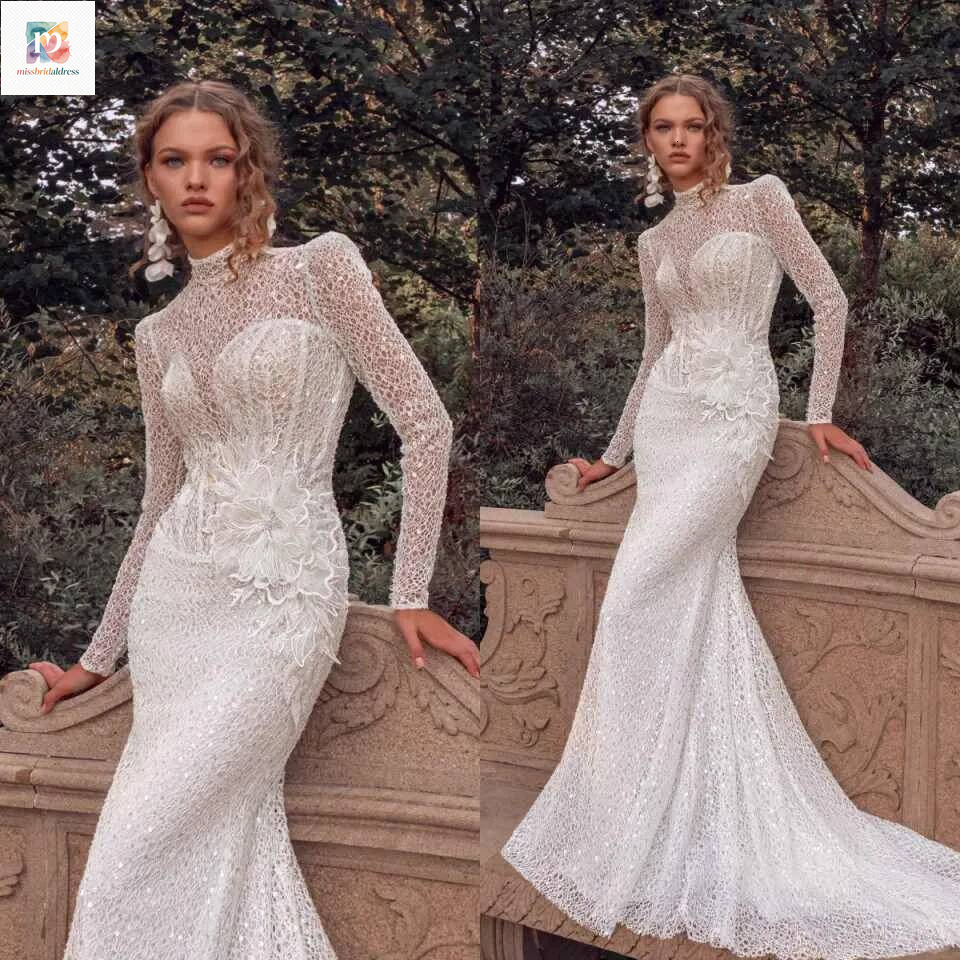Customized Mermaid Wedding Dresses Beach Boho Illusion Lace Appliques Long Sleeve Bridal Gowns Formal Bride Dress Mb017