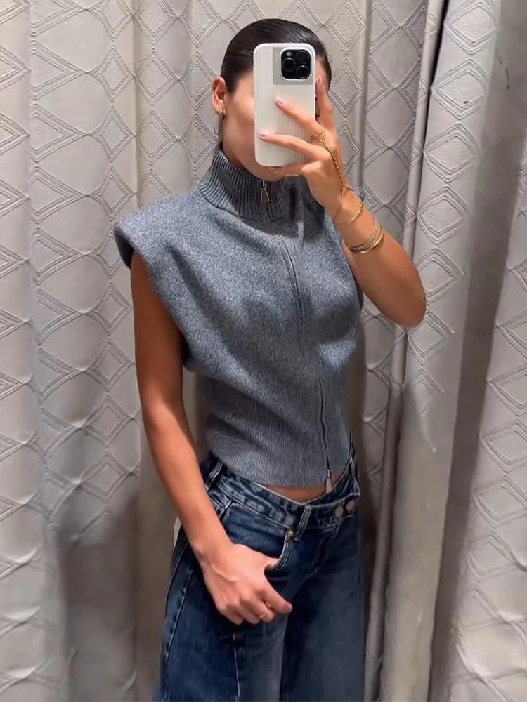 Women Stand Collar ZipUp Knit Vest Sleeveless Solid Slim Shoulder Pads Cropped Waistcoat 2026 Autumn Elegant Layering Outerwear 261019