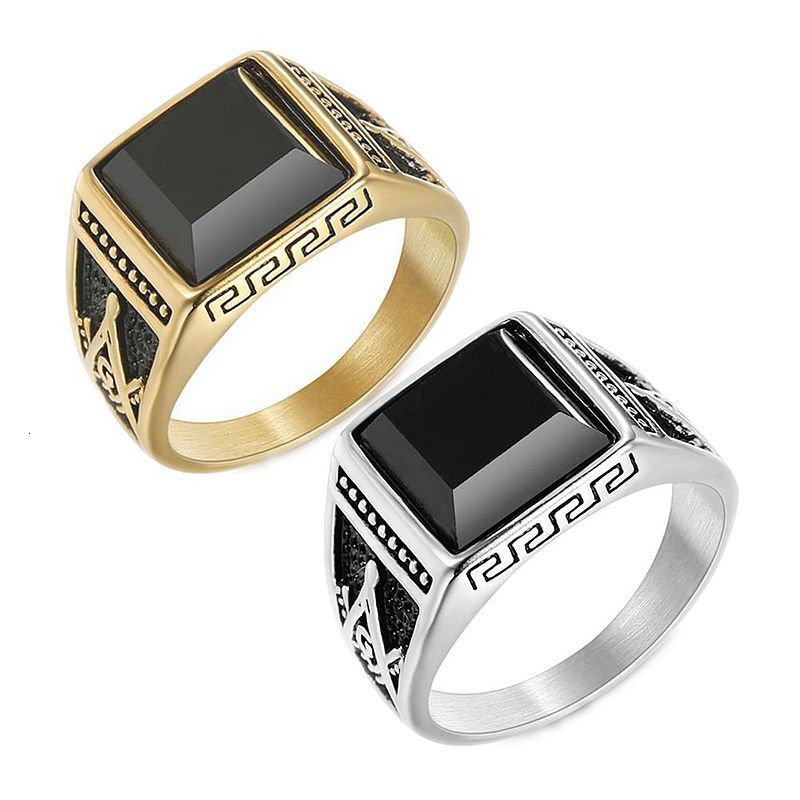 European and American New Classic Retro Titanium Steel Color-Retaining Gold-Plated Black Onyx Masonic AG Men's Ring