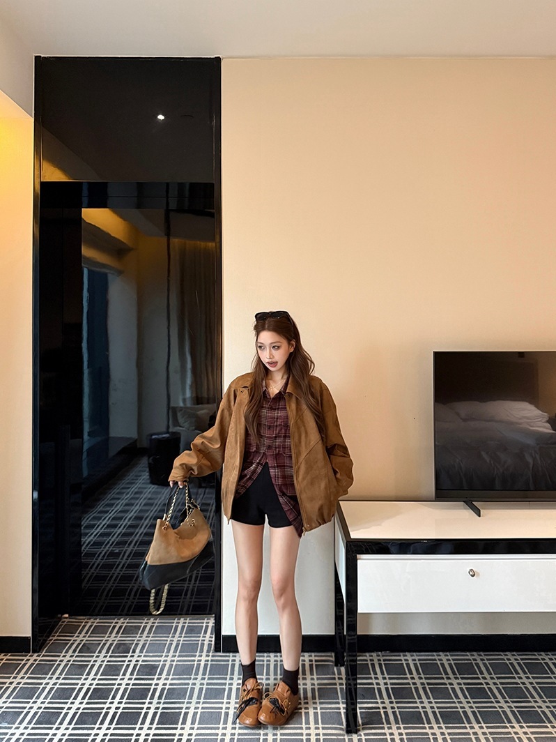 Vintage Brown Suede Leather Jacket, Early Autumn Loose Fit With Turn-Down Collar, Slimming Design, Women's Jacket MAKOUFEI