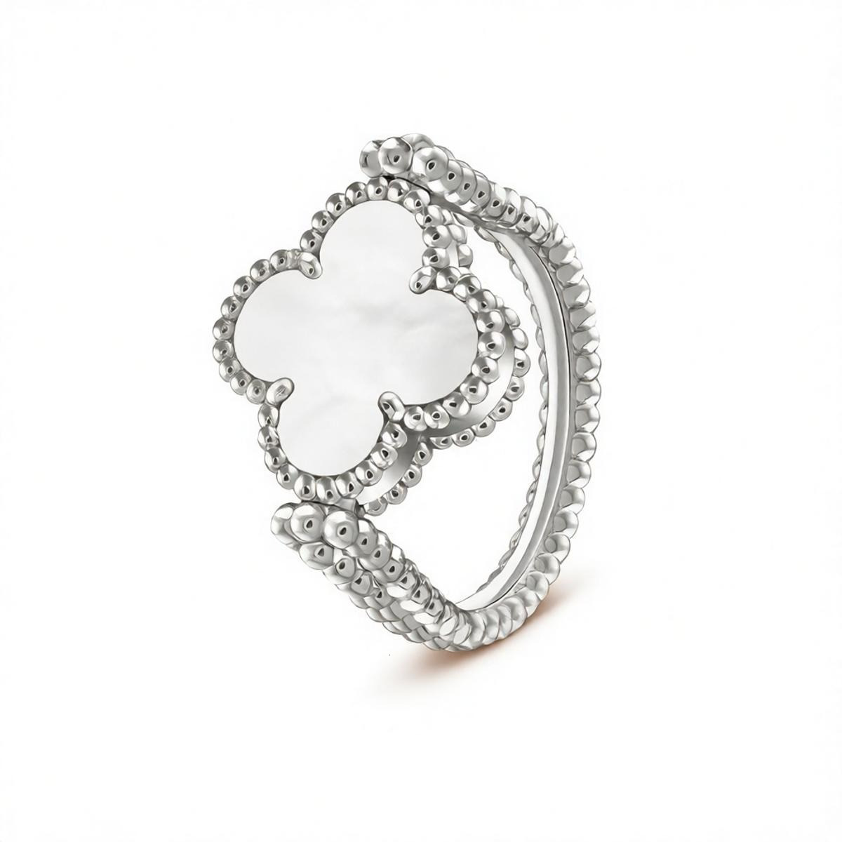 Designer Jewelry vanly cliff rings White Mother-Of-Pearl Reversible Double-Sided Four-Leaf Clover Ring Platinum With Laser-Cut Diamond Closed Adjust