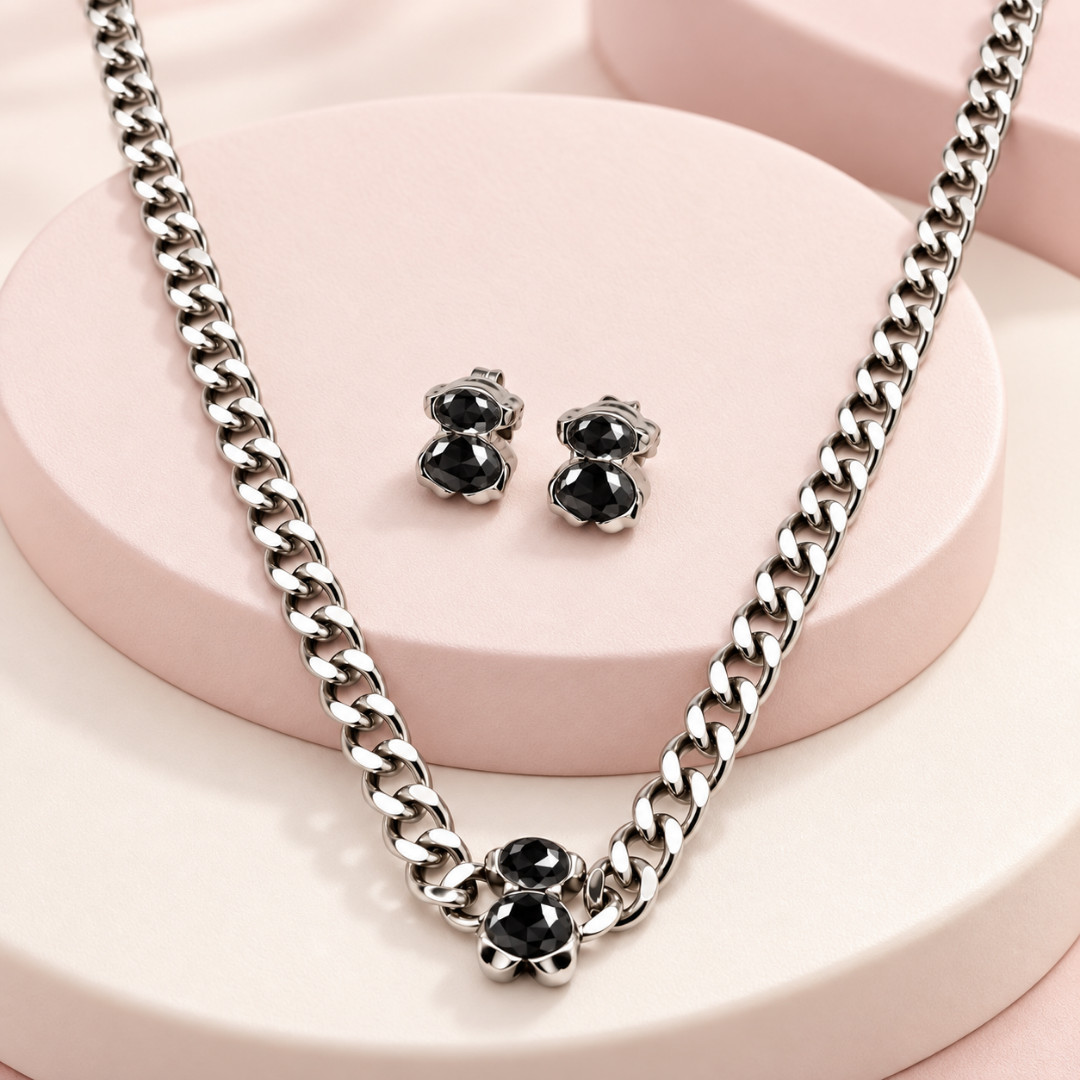 Mode Femmes Hommes Argent Or Acier Inoxydable Span Bear Dessin Animé Animal Span Lettre Blanc Noir Rose Violet Verre Chaîne Oso Pendentif Collier