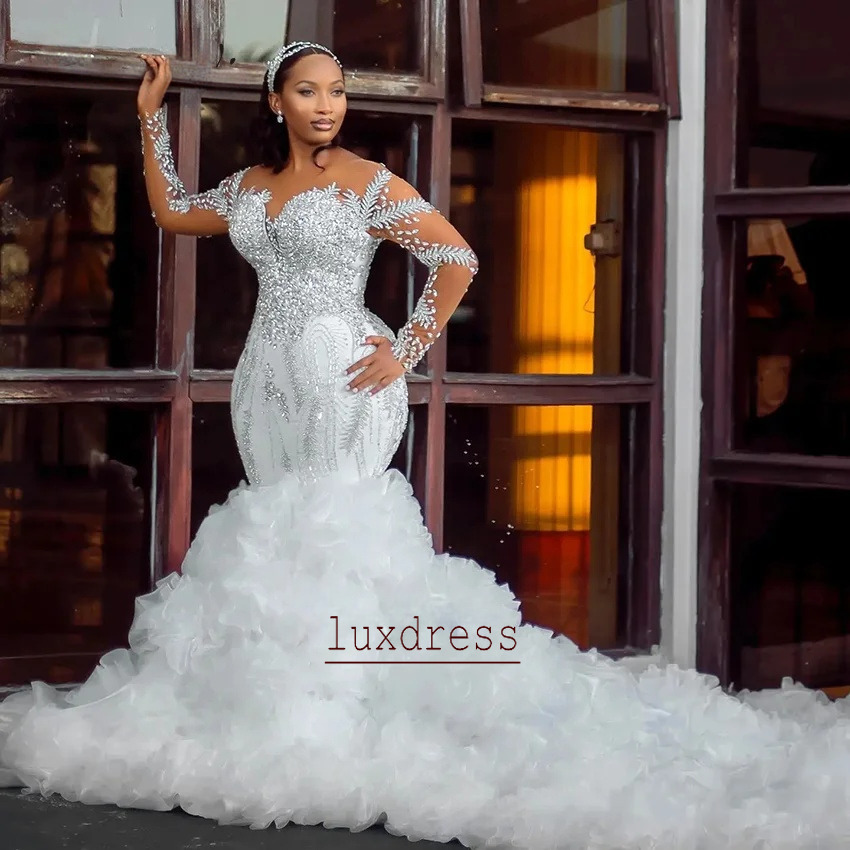 Customized African Elegant Ruffled Mermaid New Thick Crystal Beaded Dream Sleeve High Quality Wedding Dress