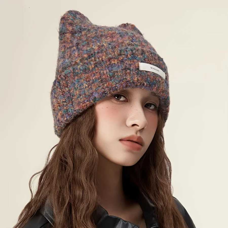 Beanie/Skull Caps Women Cute Cat Ear Knit Beanie Hat Wool Blend Heathered Warm Winter Cuffed Beanie with Label Casual Soft Skull Cap for Ladies Q261