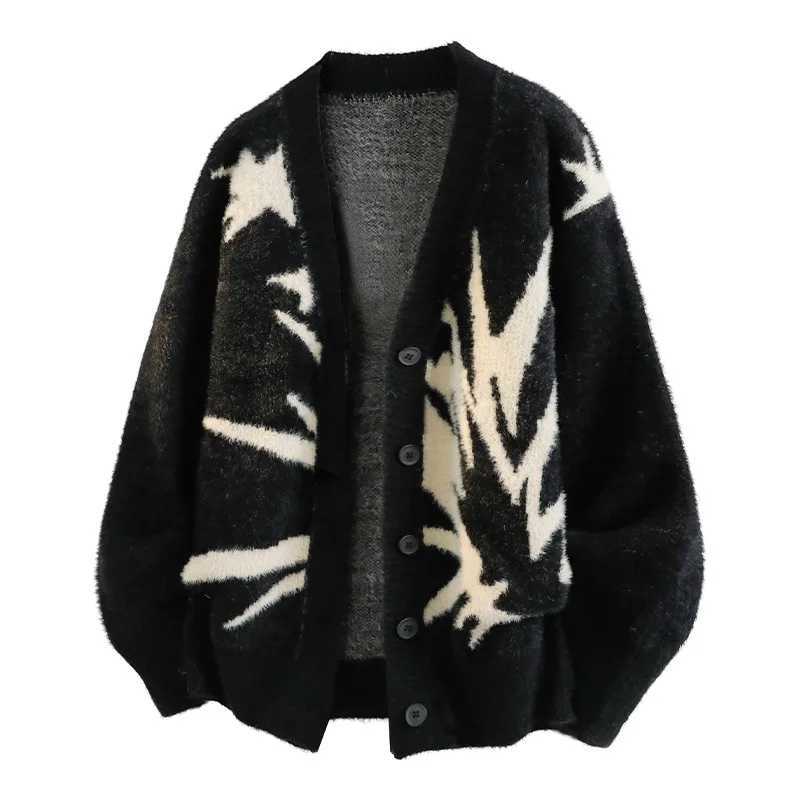 Autumn Winter Trendy V 2026 Neck Printed Cardigan Sweater Men Loose British Style Versatile Long Slve Knit Outer Coat M261016