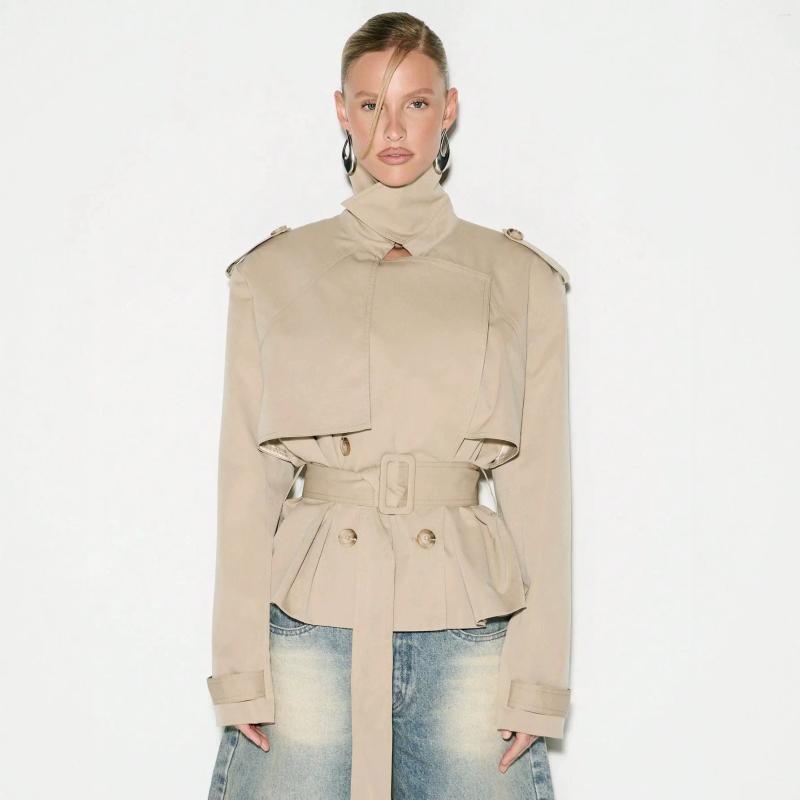 Utility Women's Short Trench Coat Double Breasted Belted Epaulet Loose Workwear Trendy Fashion Classic Cozy Chic Jackets