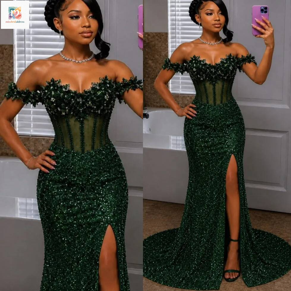 Aso Ebi Dark Green Mermaid Prom 2026 Beaded Crystals High Split Evening Dresses Birthday Formal Party Reception Second Long Dinner Dress Gowns Z1237
