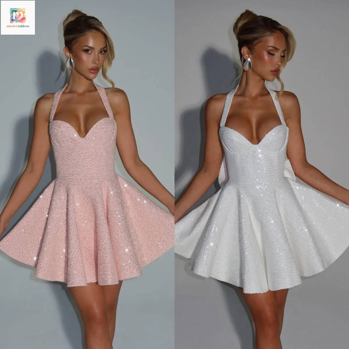 Short A Line Homecoming Dresses Halter Sequins Crystal With Detachable Bow Graduation Party Gowns Women Cocktail Prom Dress Customized Mb017