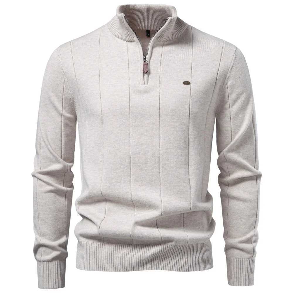 Men Cotton Solid Color AIOPESON Casual Pullover Half Zip Mock Neck Ribbed Knit Sweater Fall Winter Men Long Slve Slim Fit M261016