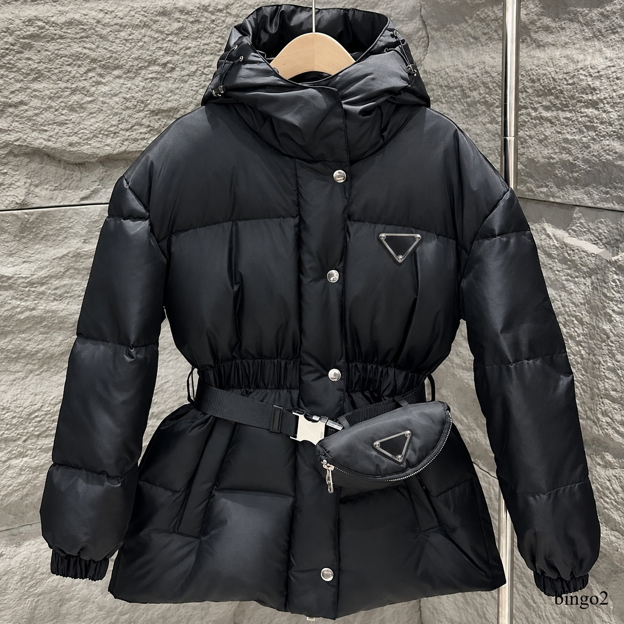 Womens Puffer Jacket Cinched Waist Hooded Parka Detachable Belt Bag Drawstring Snap Closure Windproof Lightweight Quilted Outerwear Winter