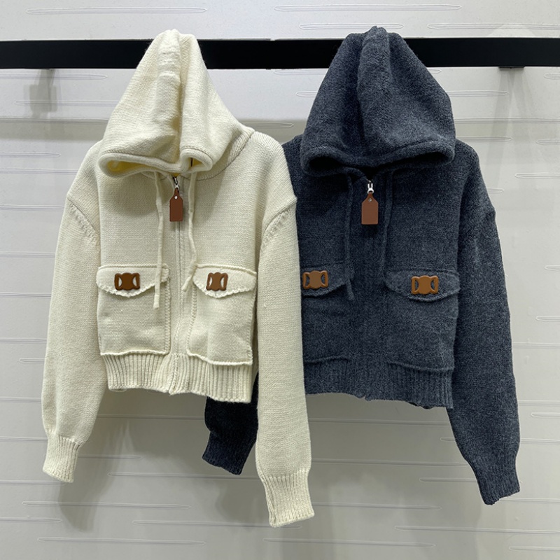 Women Cropped Hooded Sweater Jacket Luxury Wool Blend Knitted Cardigans Autumn Winter Vintage Versatile Sweaters