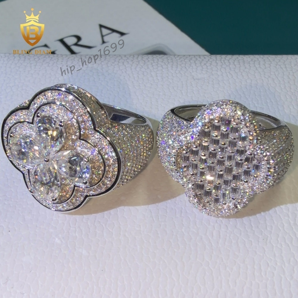 925 Silver Rings Clover Shape Iced Out Baguette Cut Moissanite Pass Diamond Tester Vvs Moissanite Ring Fine Jewelry Ring Men