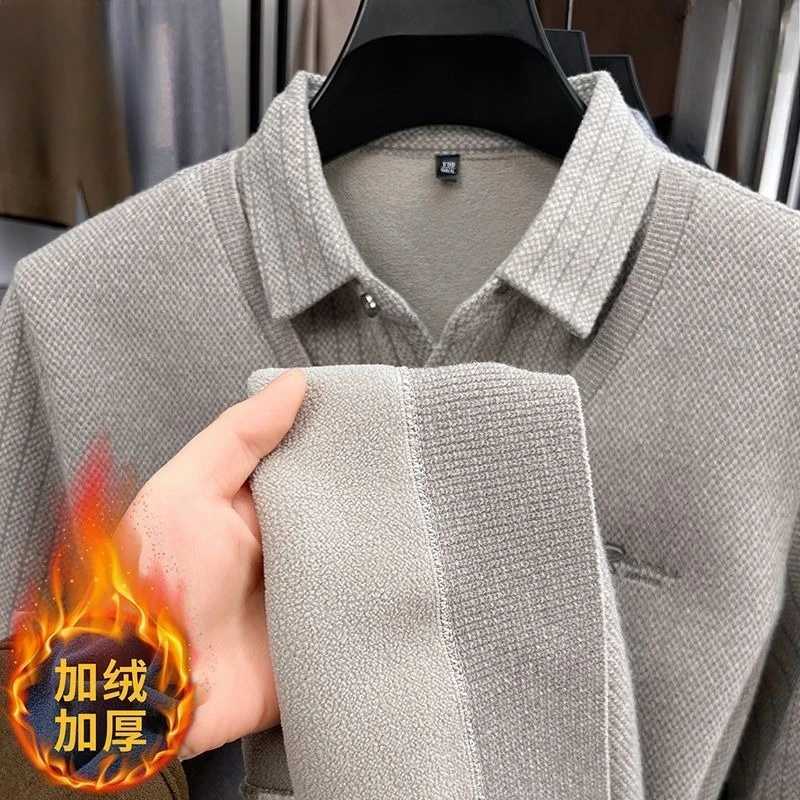 Autumn Sweater Men's Winter Plush Fashion Button Lapel Striped Pullovers Business Casual Flce Lined Knitted Thickened Sweaters M261016