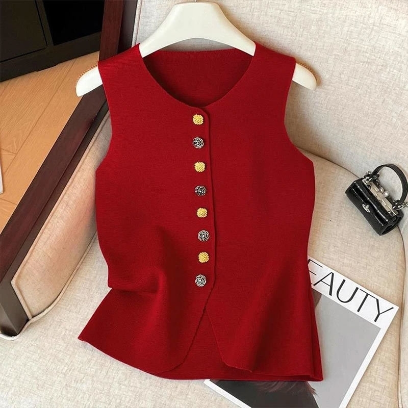 French Elegant Flower Buttons O Neck Sleeveless Sweater Slim Women's Knitted Vest For Women Chic Tops Female Waistcoat Fashion 260924