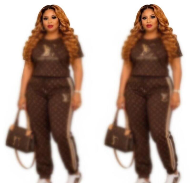 Women's Tracksuit embroidered round neck Casual short sleeved designer T-shirt high waist wide leg pants sports two-piece set