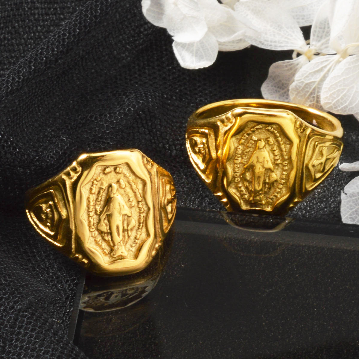 New European and American style ins gold square ring, stainless steel casting, polished, vacuum gold-plated men's ring