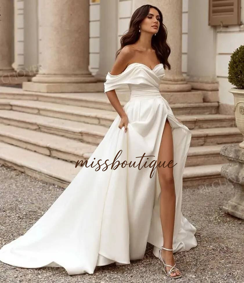 Off The Shoulder A Line Wedding Dress 2024 Sleeveless Satin Bride Gown Beach Princess Plus Size Vestidos De Noiva Customed Q019