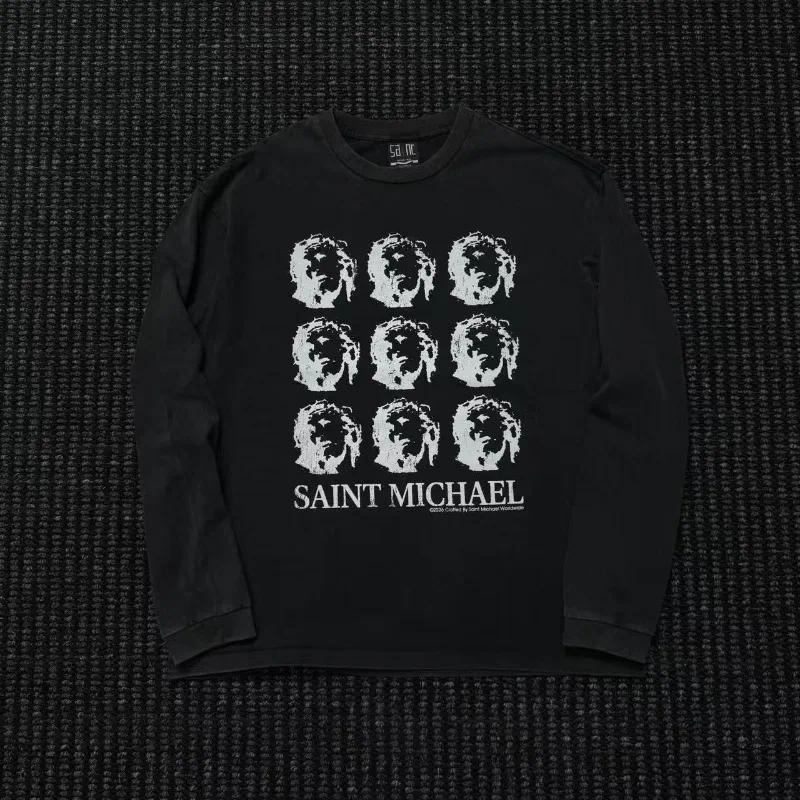 High Street Saint Streetwear Portrait Grid Print Vintage Washed Crew Neck Long Sleeve T-shirts Men's Clothing