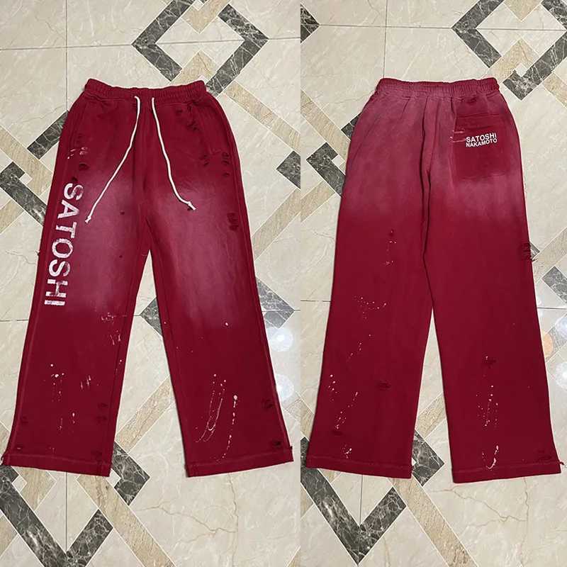 High Quality Cotton Letters Satoshi Nakamoto Sweatpants Vintage Washed Red Damaged Hole Drawstring Pants Oversized Trousers T261019