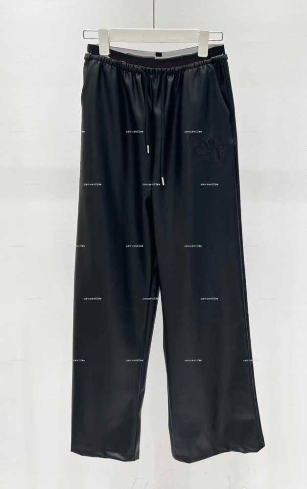 Luxury lady Leather Wide Leg Pants Elastic Waist Drawstring Cross Patch Straight leg pants women designer clothes Streetwear Loose Trousers A420X09N