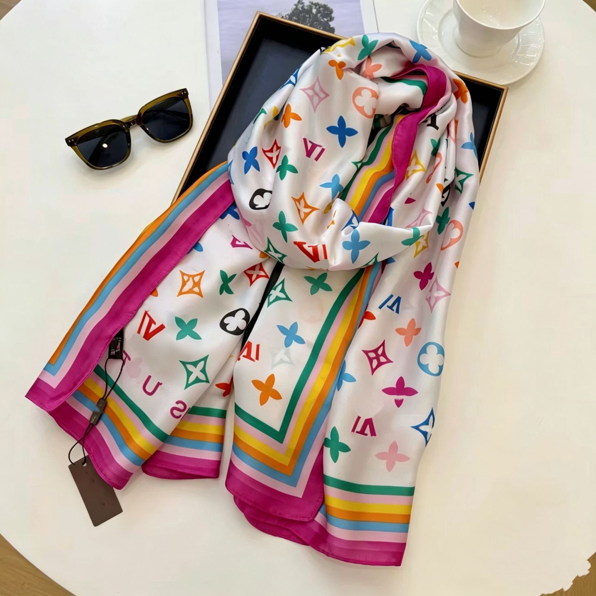 Luxury goods Correct version: 2026 new designer style white with colorful print, scarf, luxurious silk large shawl, wrap-around scarf