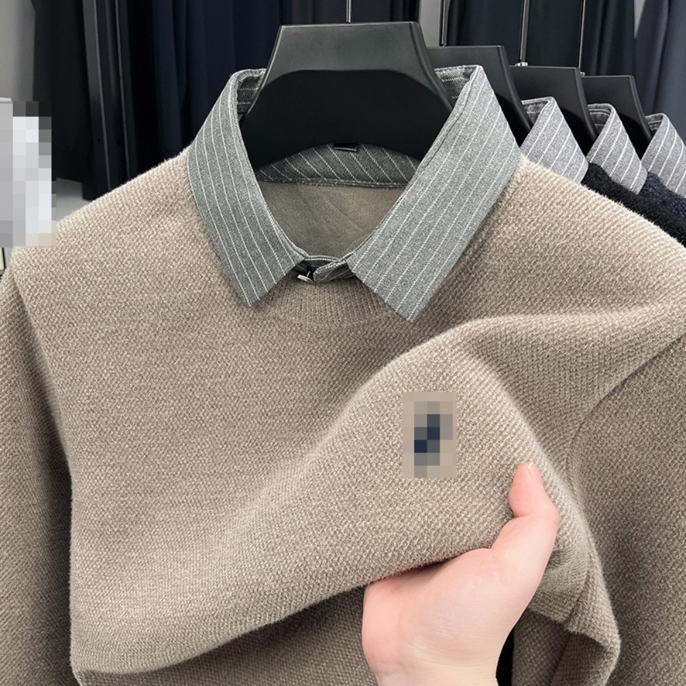 Knitted Bottoming Shirt Autumn and Winter Men's Sweater Shirt Collar Fake Two Tops Men's Winter Fashion Warm Long Sleeves