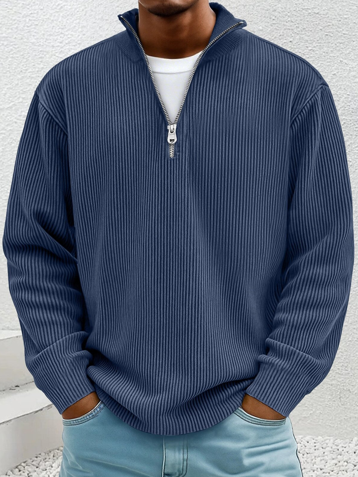 2026 new autumn and winter casual top, stand-up collar, zippered, corduroy, long-sleeved men's polo shirt